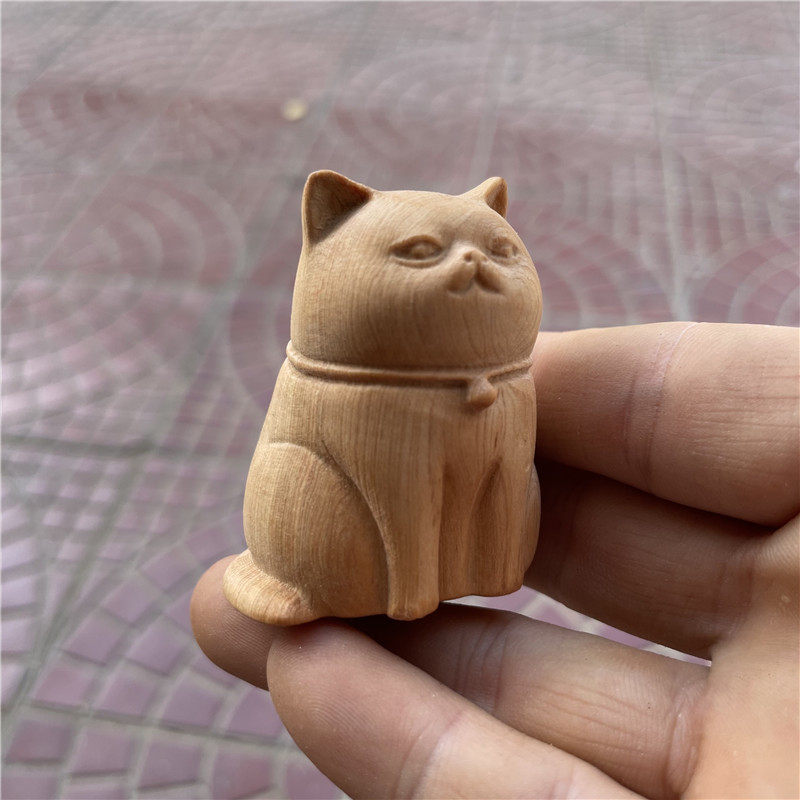 崖柏木手把件实木文玩把玩件动物木雕工艺品装饰汽车摆件招财肥猫