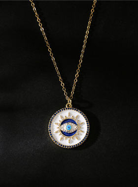 澳古 跨境 欧美时尚热卖白色滴油恶魔之眼吊坠项链女真金电镀