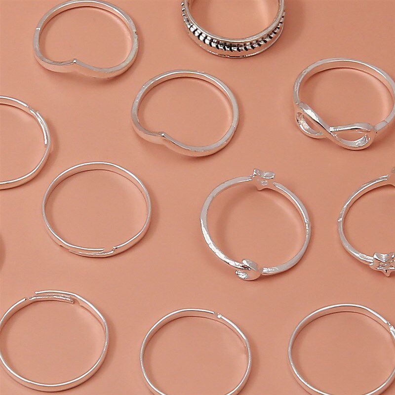 欧美复古系几何型戒指银色月亮8字v字星星个性女戒指 12件套配饰