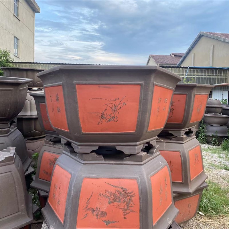 紫砂花盆马槽长方形特大号六角盆迎客松发财树榕树老桩陶瓷绿植盆