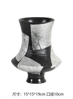 现代新中式手工陶瓷银莲回灰罐形花器花瓶创意摆件桌面餐厅样板间