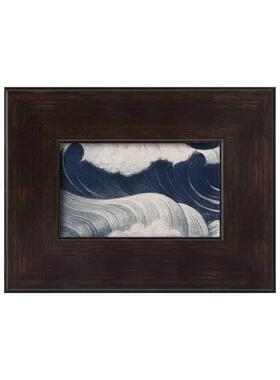 牛仔蓝氛围感中古海浪日式浮世绘哑光油布客厅餐厅装饰挂画实木框