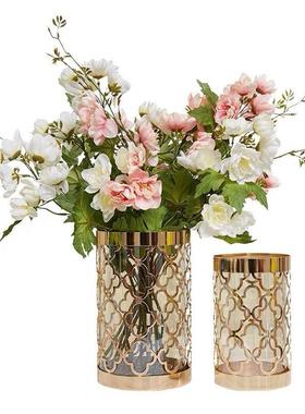 美式轻奢金属玻璃花瓶高端摆件家居客厅高级感装饰花器工艺品