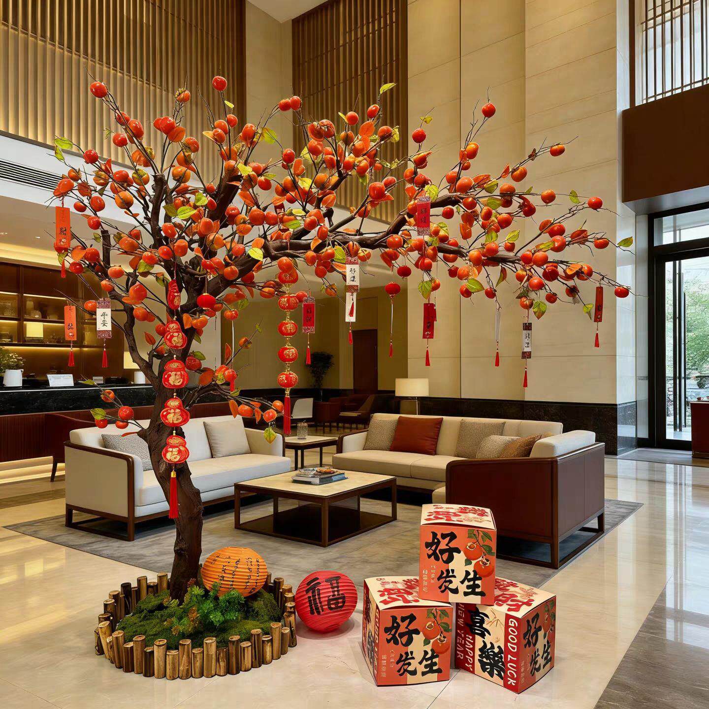 仿真柿子树许愿树假果树橱窗酒店室内装饰绿植造景新中式场景布置