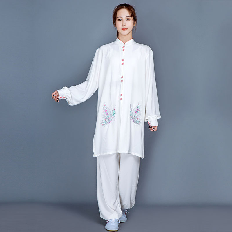 好货新款刺绣太极服女春秋中长款复古飘逸表演服珍珠麻亚麻棉武术