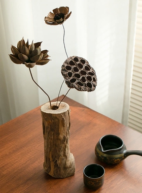 极速实木花瓶乾燥花花束摆件客厅插花木质复古风茶室中式侘寂风茶