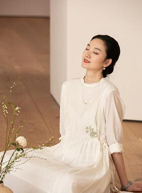 2024年新款A型苎麻重磅手工刺绣连衣裙花边领九分袖中腰女中长裙