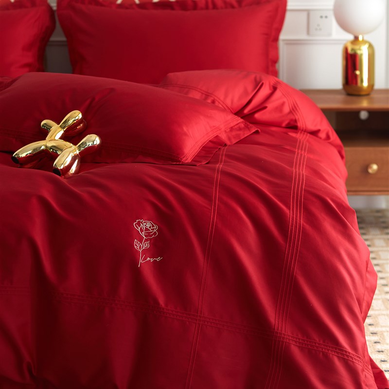 100支高端婚庆床品四件套 纯棉大红色床上纯色结婚床单床上用品