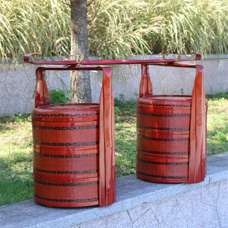 竹编篮子结婚篮子定亲篮子竹制红色婚庆篮带扁担一对喜事篮