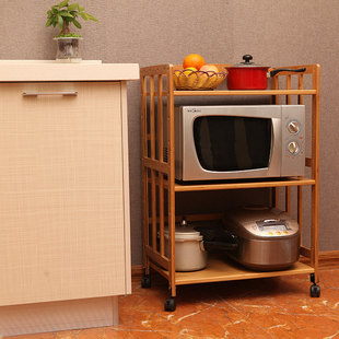可移动带轮 厨房置物架r微波炉架烤箱架落地2层3层4层实木竹锅架