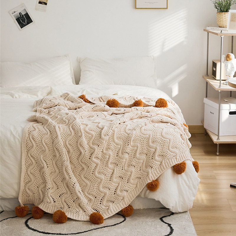 针织盖毯 毛球床尾巾针织镂空空调毯 民宿沙发毯 休闲.办公室毯子