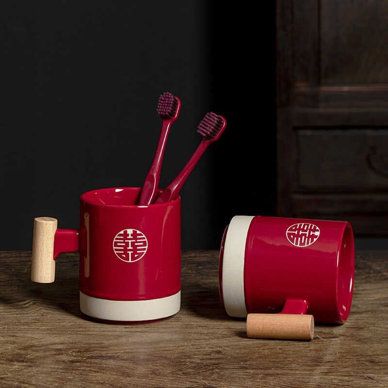 牙杯结婚一对新婚牙刷杯子套装喜C红色陶瓷漱口杯情侣陪嫁洗漱用