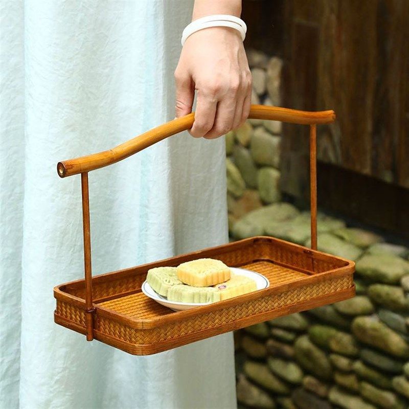 复古竹编大漆提篮筇竹编织水果茶具点心小号收纳筐U中式手提便携