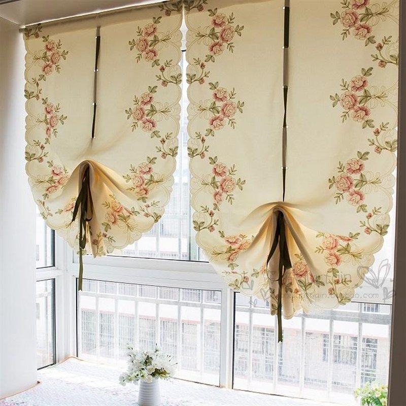 嫣然 美式欧式高档刺绣升降气球z提拉帘 扇形罗马窗帘飘窗阳台窗