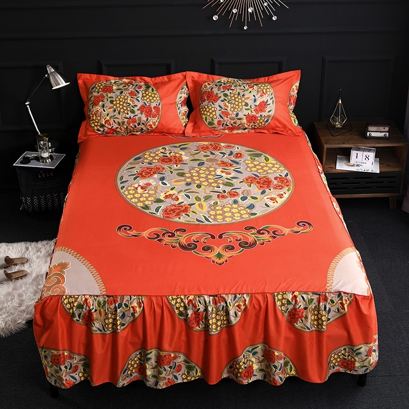 结婚庆大红色床裙三件套单件磨毛床罩款防滑床单床O套1.5m1.8m2米