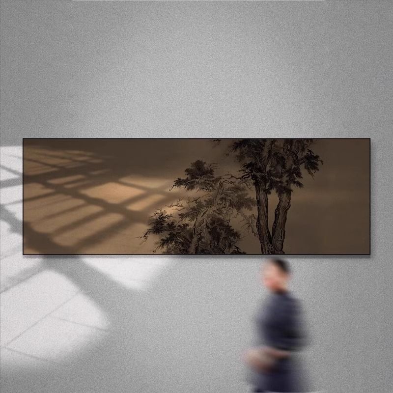 酒店大厅禅意山水挂画新中式客厅意境壁画茶室会所横版松树装饰画图片