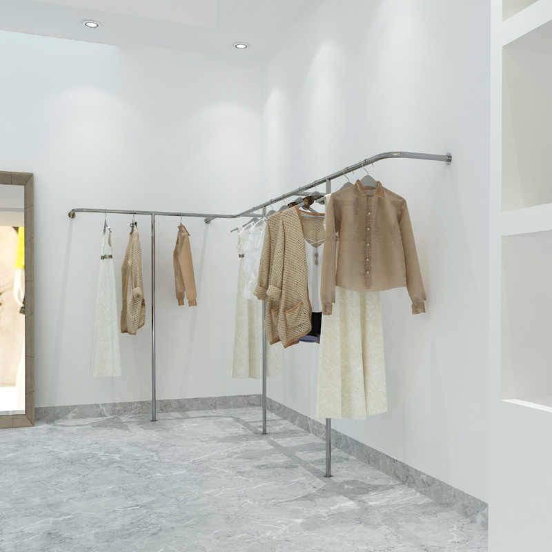 服装店墙上展示挂衣架不锈钢拉丝银女装店货架专用上墙落地衣杆子图片