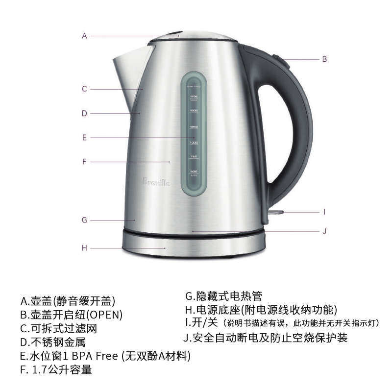 铂富Breville BKE425 家用不锈钢电烧水壶防干烧自动断电