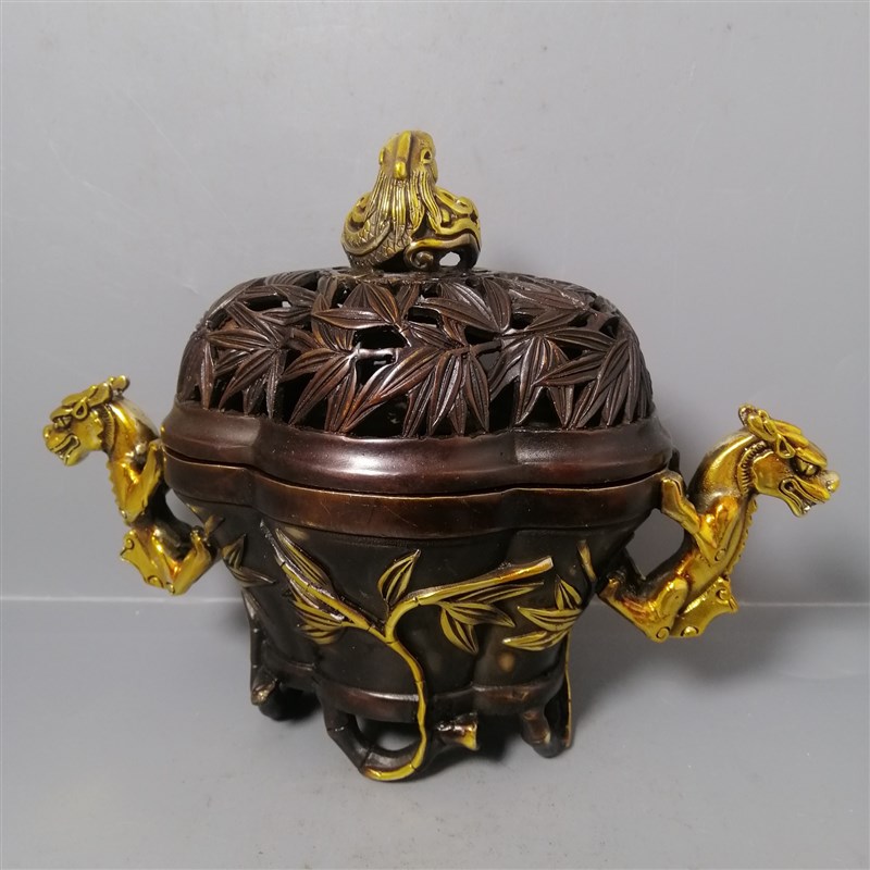 古玩收藏紫铜色鎏金龙耳香炉家居创意礼品摆件铜薰香炉摆设工艺礼