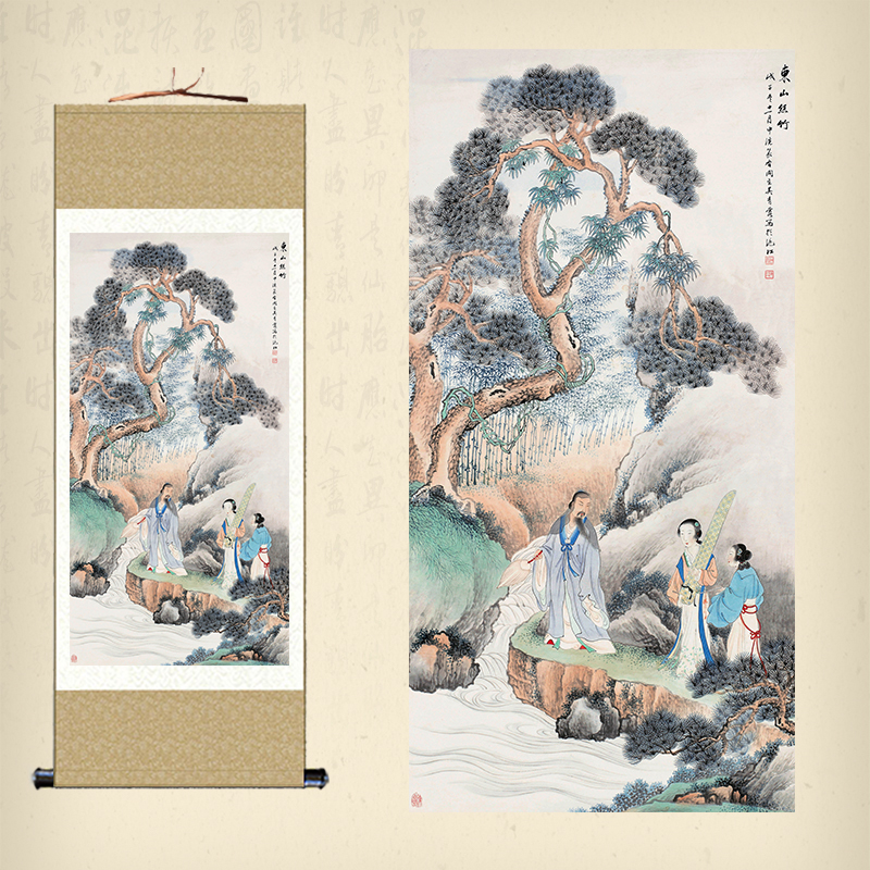 东山丝竹图卷轴画历代名画丝绸画客厅书房装饰画挂画已装裱包邮
