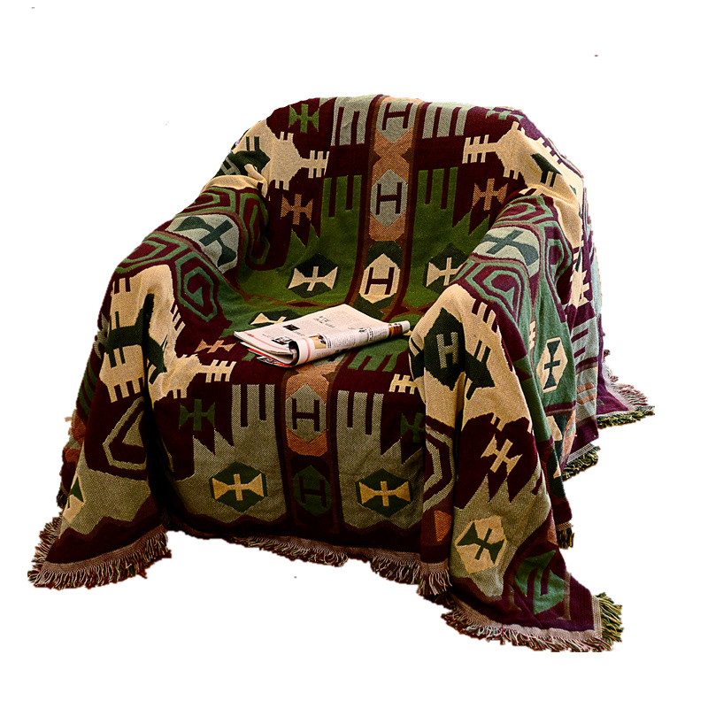 美式乡村单人双三人沙发全盖布欧式复古绿色几何沙发巾罩套盖毯棉