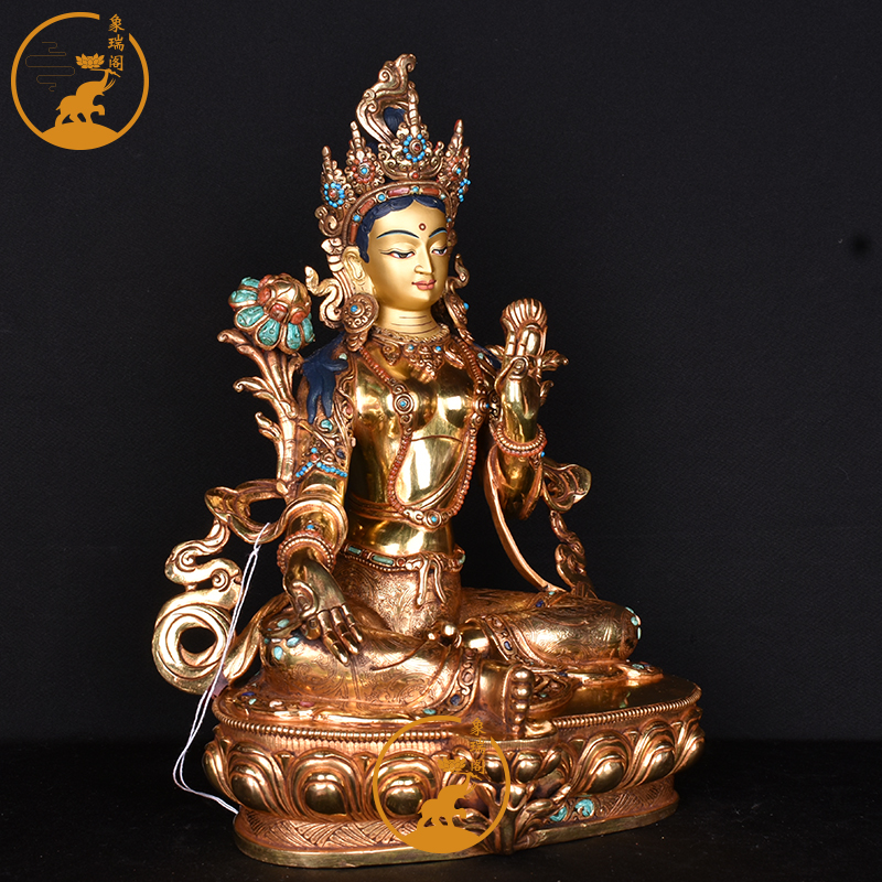 绿度母一尺尼泊尔手工篆刻紫铜全鎏金雕花藏传33厘米摆件铜像