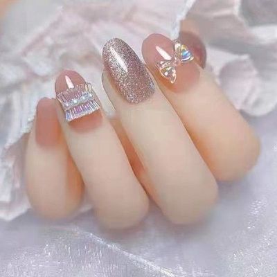 24PCS Shiny Bow Press On Nails Sweet Style Short Fake  with