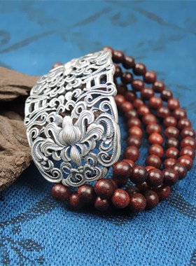 推荐小叶紫檀手链女纯银多层复古银饰老银手饰品R宽腕饰民族风礼