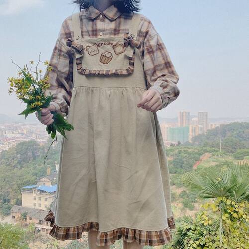 好货Cute Corduroy Loose Ruffles Patchwork Plaid Overalls Qwe