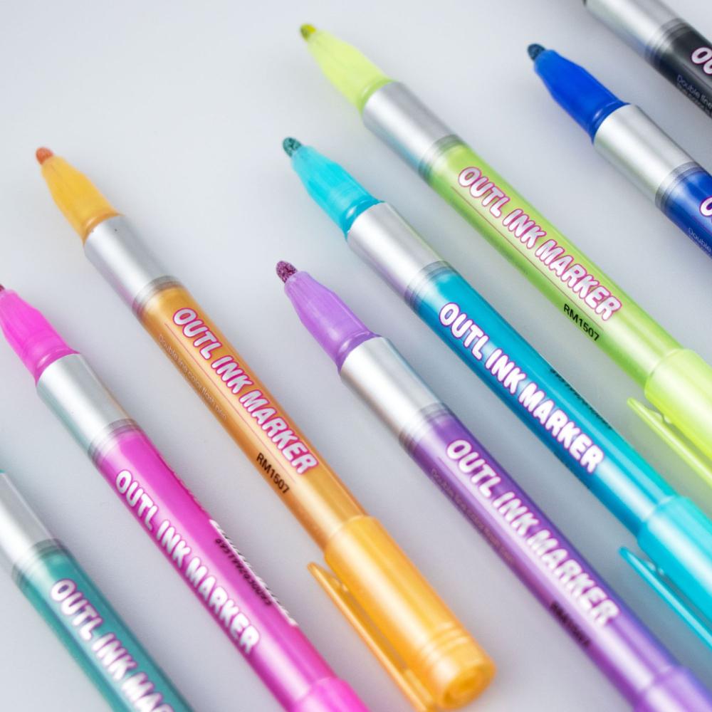 8 Colors Metallic Double Lines Art Markers Out line Pen Stat
