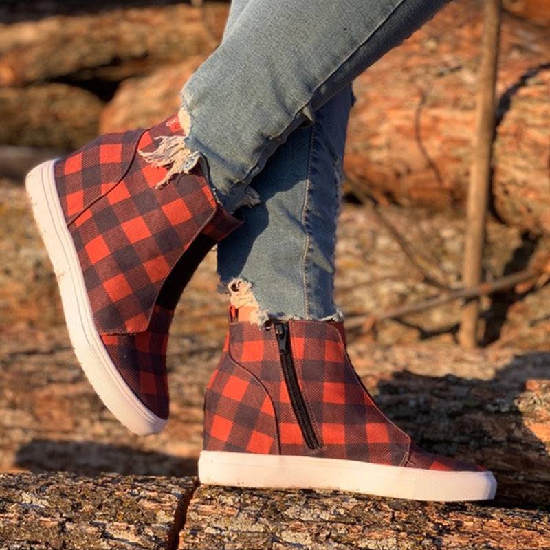 -Side zipper plaid comfortable flat casual sneakers