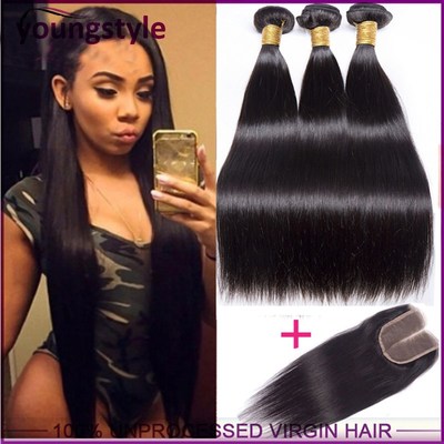 Peruvian human virgin hair weave straight hair with closure