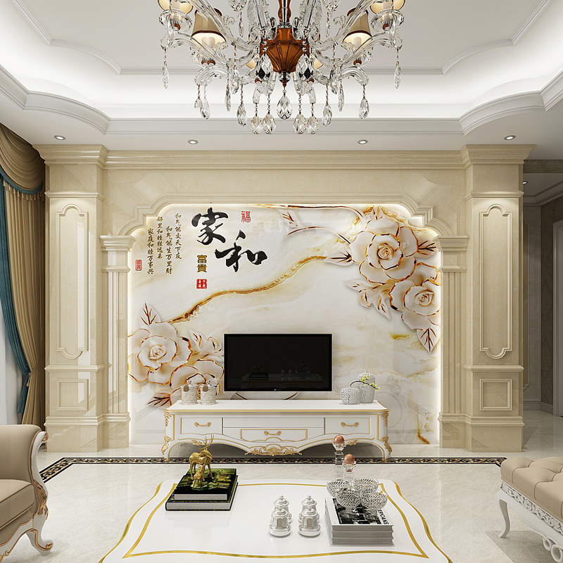 欧式罗马柱电视背景墙石材造型中式大理石客厅影视墙瓷砖3D微晶石