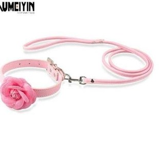 Cute Cat PuPPy Dog Leather LeaSh FLower CoLLar Set Pink CoLo
