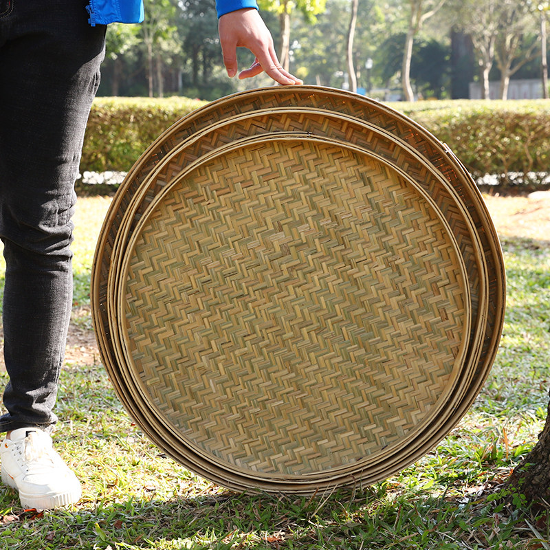 竹制品晾晒竹编圆簸箕全竹青编织无孔竹筛子家用米筛竹匾绘画装饰