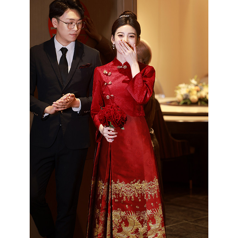 好货马面裙婚服套装敬酒服凤凰订婚服酒红色旗袍套装新娘中式结婚