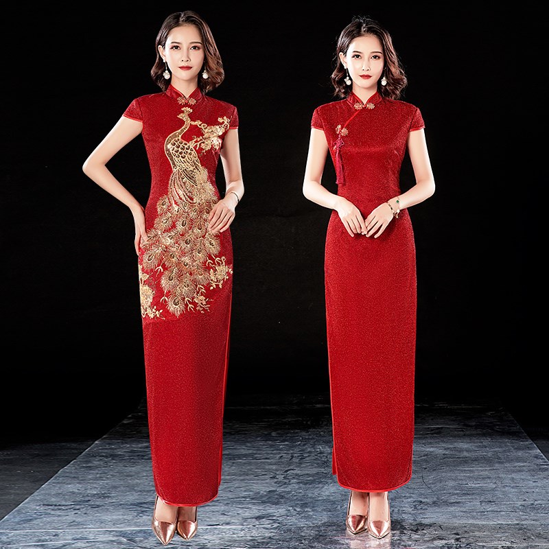 好货礼仪旗袍迎宾服装女红色大码高端走秀优雅长款中国风合唱团演