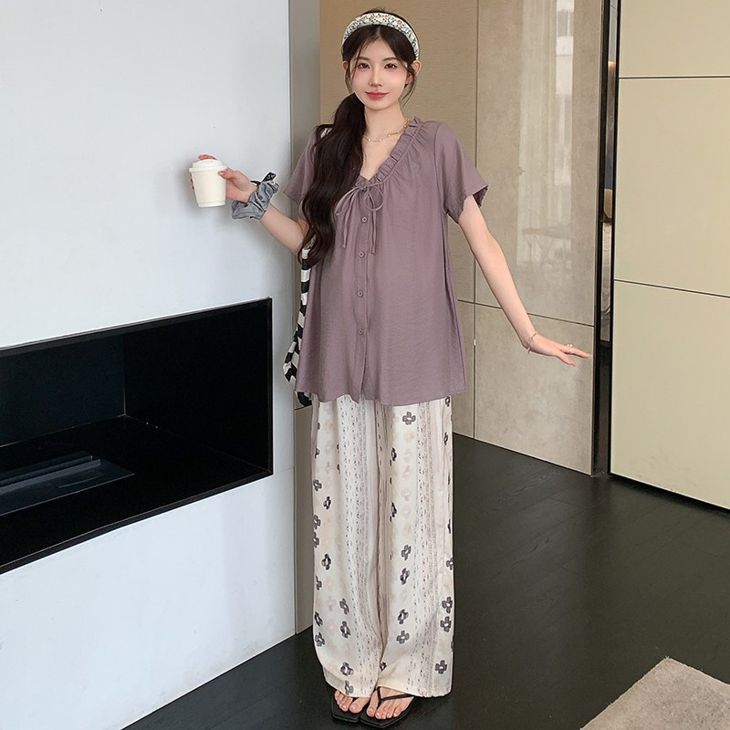 好货孕妇装夏套装潮妈孕期穿搭紫色短袖上衣时尚外穿阔腿裤两件套