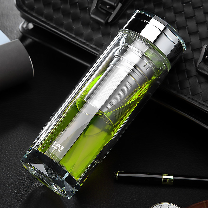 好货钻石商务水晶加厚底双层玻璃杯男女透明茶杯创意水杯便携杯子