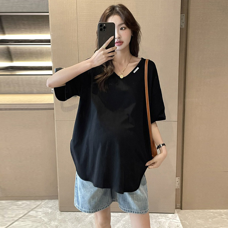好货时尚孕妇夏装套装2025新款纯色V领短袖T恤中长款上衣宽松打底