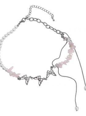 Niche design sense stitching tassel pearl butterfly necklace