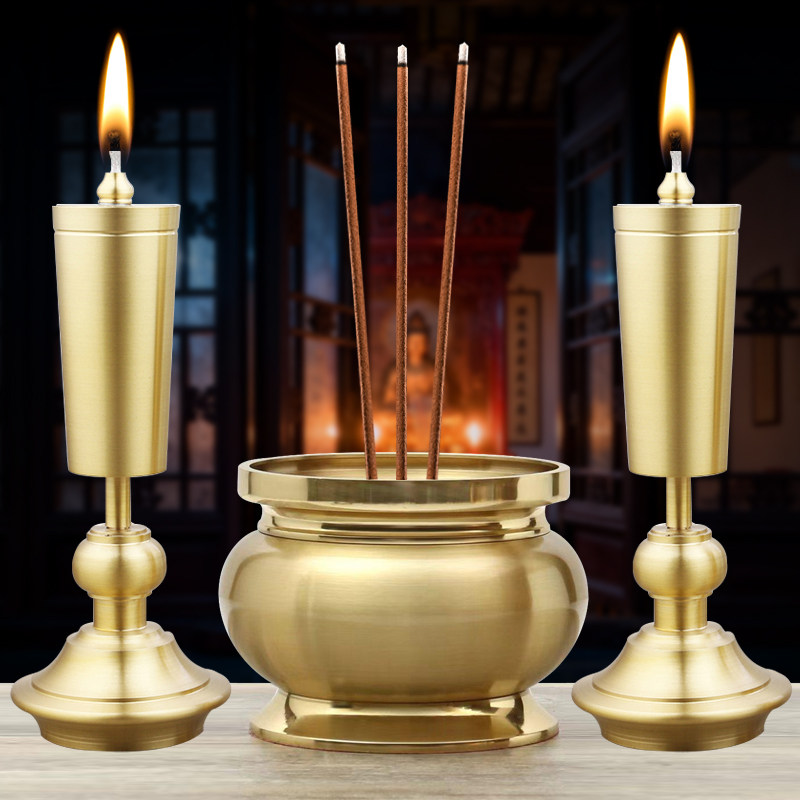 纯黄铜供佛前油灯香炉套装老式酥油24小时液体长明灯盏蜡烛台家用,家居饰品,酥油灯,淘宝优惠券,粉丝福利购,淘宝优惠卷