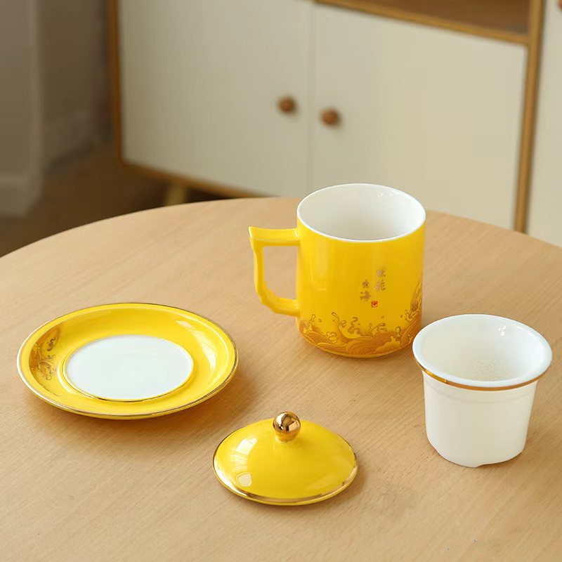 龙年羊脂玉泡茶杯子茶水分离办公水杯高档陶瓷马克杯个人过滤茶杯