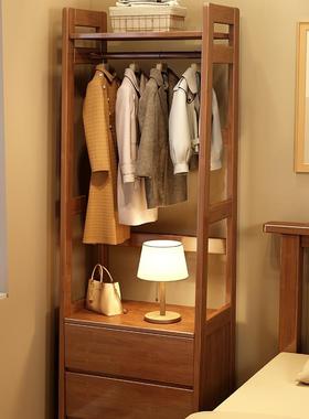 现代简约实木衣帽架带抽小户型卧室床边柜挂衣架一体客厅置物架子