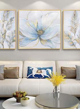 客厅沙发三联画纯手绘金箔画花卉轻奢油画现代简约装饰画软装挂画