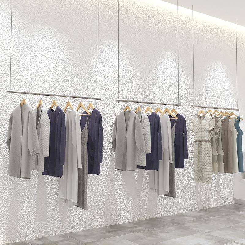 不锈钢服装店悬挂吊顶货架吊杆银色上墙男女童装钢丝悬挂架展示架