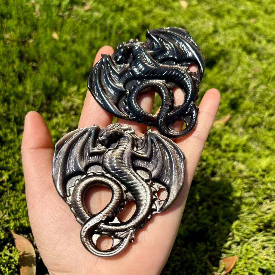 天然金银曜石飞龙雕刻件原石打磨龙摆件做工好欧美热销矿石头