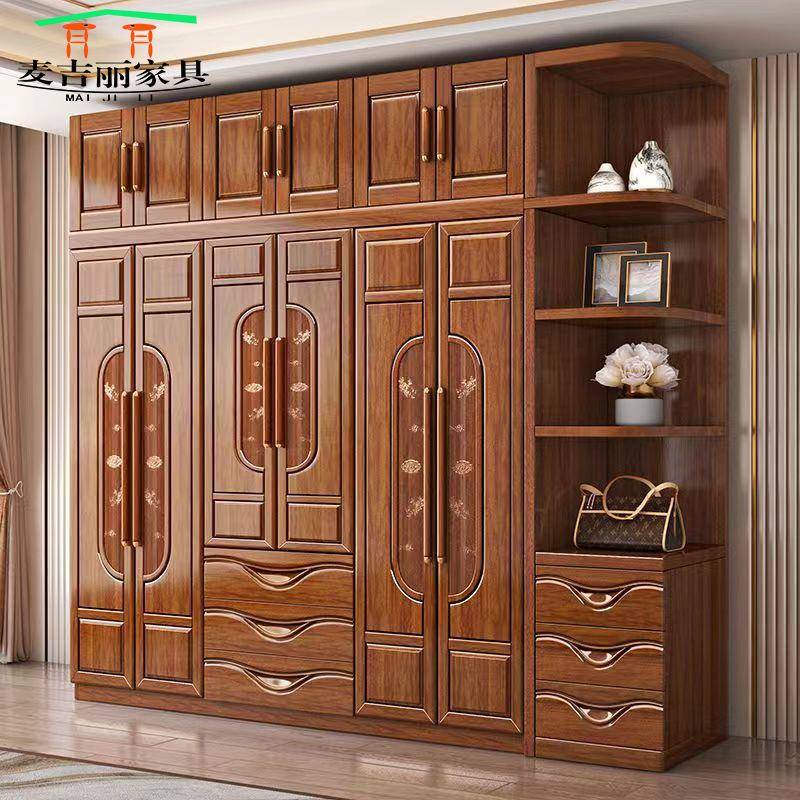雕花衣柜新中式胡桃木实木主卧家用三四五六门平开组合储物大衣橱
