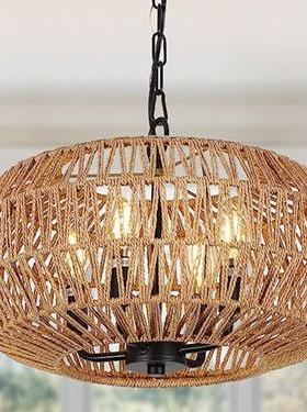 麻绳藤条手工编制灯罩四头吊灯插线式吸顶式玄光天花板厨房