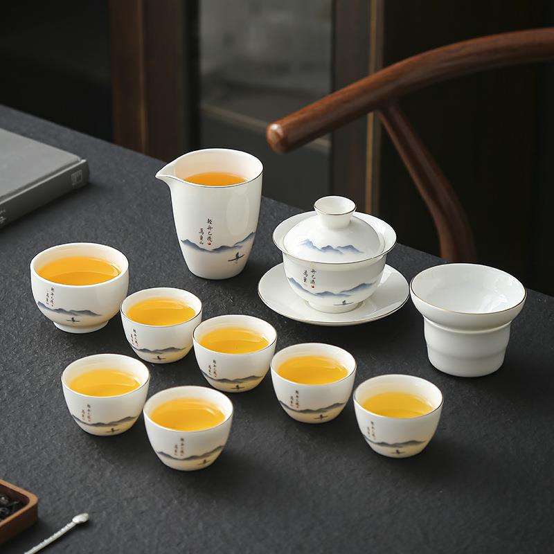 晟翔陶瓷茶具现代简约新中式轻舟盖碗主人杯11件套
